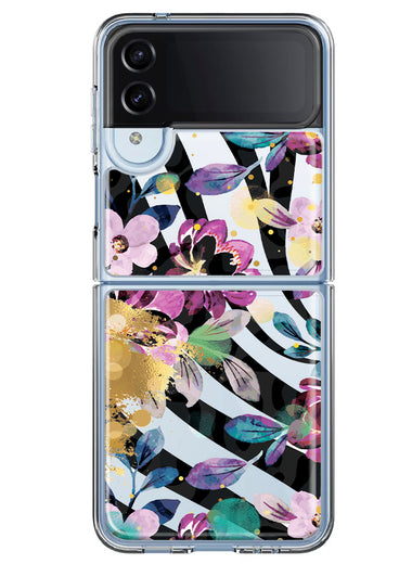 Samsung Galaxy Z Flip 4 Zebra Stripes Tropical Flowers Purple Blue Summer Vibes Hybrid Protective Phone Case Cover