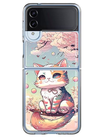 Samsung Galaxy Z Flip 4 Kawaii Manga Pink Cherry Blossom Cute Cat Hybrid Protective Phone Case Cover