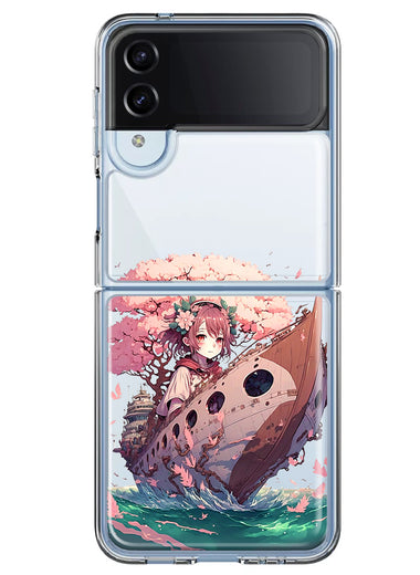 Samsung Galaxy Z Flip 4 Kawaii Manga Pink Cherry Blossom Japanese Girl Boat Hybrid Protective Phone Case Cover