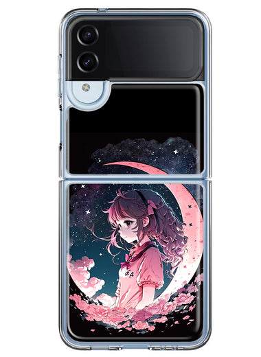 Samsung Galaxy Z Flip 4 Kawaii Manga Pink Cherry Blossom Dreaming Moon Girl Hybrid Protective Phone Case Cover