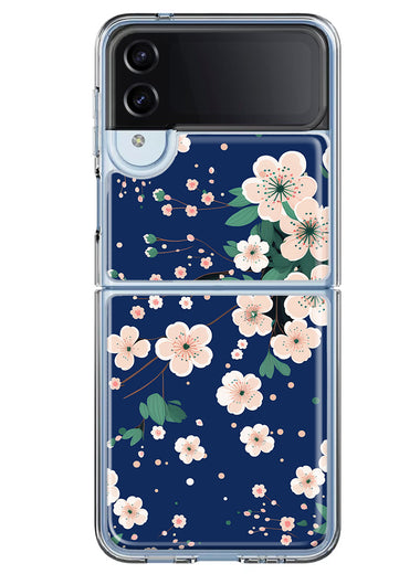 Samsung Galaxy Z Flip 4 Kawaii Japanese Pink Cherry Blossom Navy Blue Hybrid Protective Phone Case Cover