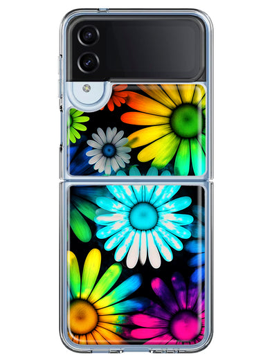 Samsung Galaxy Z Flip 4 Neon Rainbow Daisy Glow Colorful Daisies Baby Blue Pink Yellow White Double Layer Phone Case Cover
