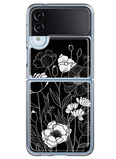 Samsung Galaxy Z Flip 4 Line Drawing Art White Floral Flowers Hybrid Protective Phone Case Cover