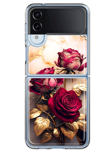 Samsung Galaxy Z Flip 4 Romantic Elegant Gold Marble Red Roses Double Layer Phone Case Cover