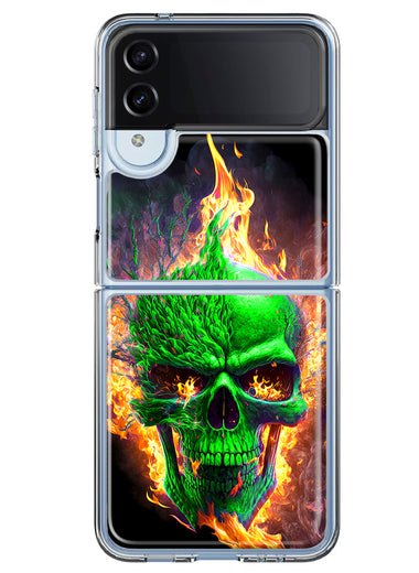 Samsung Galaxy Z Flip 4 Green Flaming Skull Burning Fire Double Layer Phone Case Cover