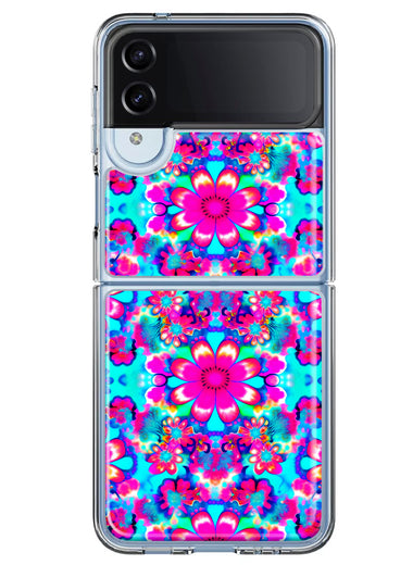 Samsung Galaxy Z Flip 4 Pink Blue Vintage Hippie Tie Dye Flowers Hybrid Protective Phone Case Cover
