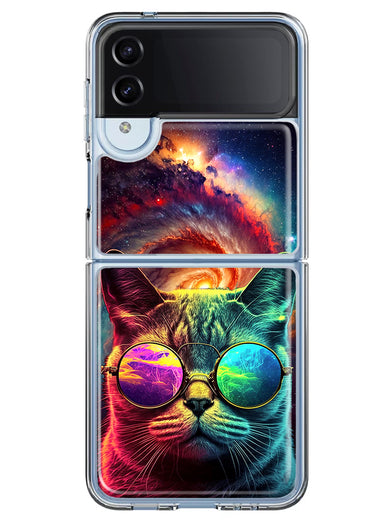 Samsung Galaxy Z Flip 4 Neon Rainbow Galaxy Cat Hybrid Protective Phone Case Cover