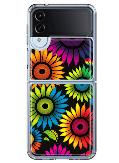 Samsung Galaxy Z Flip 4 Neon Rainbow Glow Sunflowers Colorful Floral Pink Purple Double Layer Phone Case Cover