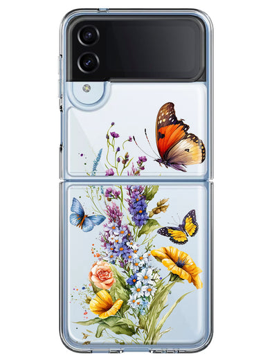 Samsung Galaxy Z Flip 4 Yellow Purple Spring Flowers Butterflies Floral Hybrid Protective Phone Case Cover