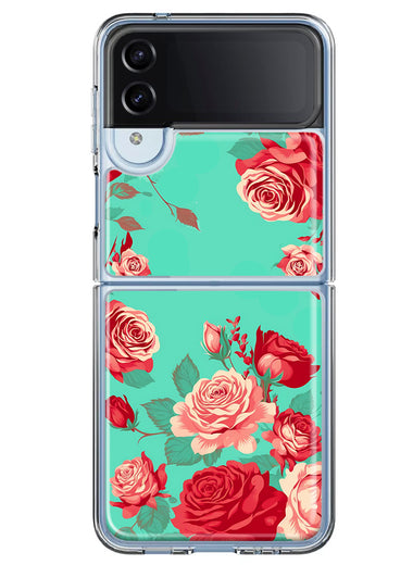 Samsung Galaxy Z Flip 4 Turquoise Teal Vintage Pastel Pink Red Roses Double Layer Phone Case Cover