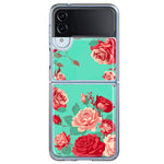 Samsung Galaxy Z Flip 4 Turquoise Teal Vintage Pastel Pink Red Roses Double Layer Phone Case Cover
