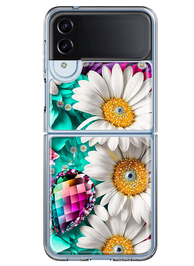 Samsung Galaxy Z Flip 4 Colorful Crystal White Daisies Rainbow Gems Teal Double Layer Phone Case Cover