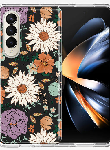 Samsung Galaxy Z Fold 4 Feminine Classy Flowers Fall Toned Floral Wallpaper Style Double Layer Phone Case Cover