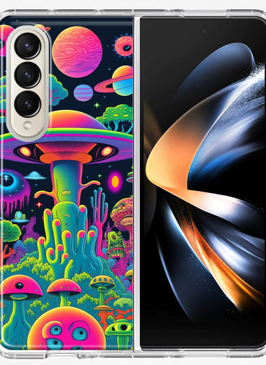 Samsung Galaxy Z Fold 4 Neon Rainbow Psychedelic UFO Alien Planet Hybrid Protective Phone Case Cover