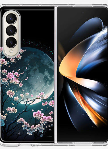 Samsung Galaxy Z Fold 4 Kawaii Manga Pink Cherry Blossom Full Moon Hybrid Protective Phone Case Cover