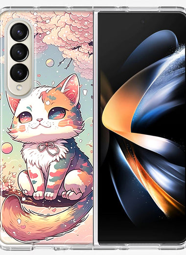 Samsung Galaxy Z Fold 4 Kawaii Manga Pink Cherry Blossom Cute Cat Hybrid Protective Phone Case Cover