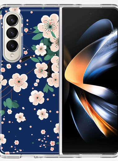 Samsung Galaxy Z Fold 4 Kawaii Japanese Pink Cherry Blossom Navy Blue Hybrid Protective Phone Case Cover