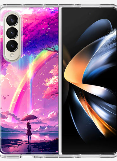 Samsung Galaxy Z Fold 4 Kawaii Manga Pink Cherry Blossom Japanese Rainbow Girl Hybrid Protective Phone Case Cover
