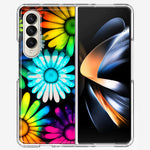 Samsung Galaxy Z Fold 4 Neon Rainbow Daisy Glow Colorful Daisies Baby Blue Pink Yellow White Double Layer Phone Case Cover