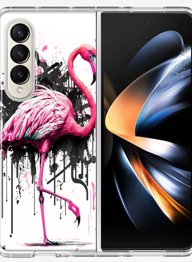 Samsung Galaxy Z Fold 4 Pink Flamingo Painting Graffiti Hybrid Protective Phone Case Cover
