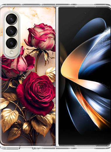 Samsung Galaxy Z Fold 4 Romantic Elegant Gold Marble Red Roses Double Layer Phone Case Cover