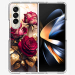 Samsung Galaxy Z Fold 4 Romantic Elegant Gold Marble Red Roses Double Layer Phone Case Cover