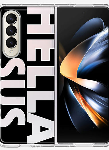 Samsung Galaxy Z Fold 4 Black Clear Funny Text Quote Hella Sus Hybrid Protective Phone Case Cover