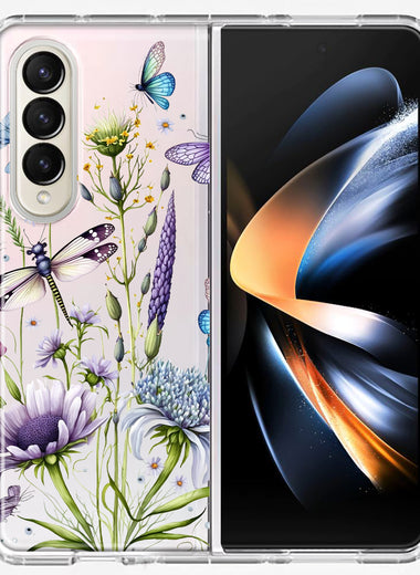 Samsung Galaxy Z Fold 4 Lavender Dragonfly Butterflies Spring Flowers Hybrid Protective Phone Case Cover