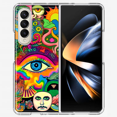 Samsung Galaxy Z Fold 4 Neon Rainbow Psychedelic Trippy Hippie Multiple Eyes Hybrid Protective Phone Case Cover