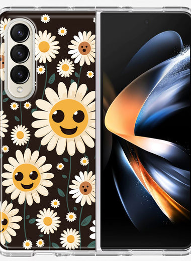 Samsung Galaxy Z Fold 4 Cute Smiley Face White Daisies Double Layer Phone Case Cover