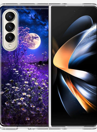 Samsung Galaxy Z Fold 4 Spring Moon Night Lavender Flowers Floral Hybrid Protective Phone Case Cover