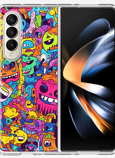 Samsung Galaxy Z Fold 4 Psychedelic Trippy Happy Characters Pop Art Hybrid Protective Phone Case Cover