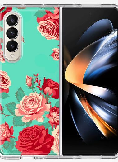 Samsung Galaxy Z Fold 4 Turquoise Teal Vintage Pastel Pink Red Roses Double Layer Phone Case Cover