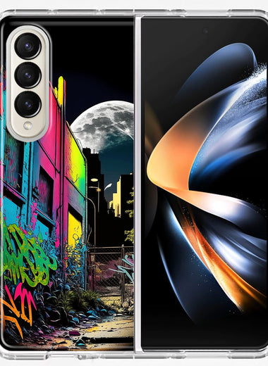 Samsung Galaxy Z Fold 4 Urban City Full Moon Graffiti Painting Art Hybrid Protective Phone Case Cover
