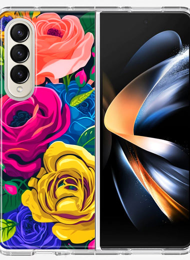 Samsung Galaxy Z Fold 4 Vintage Pastel Abstract Colorful Pink Yellow Blue Roses Double Layer Phone Case Cover