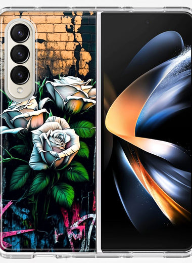 Samsung Galaxy Z Fold 4 White Roses Graffiti Wall Art Painting Hybrid Protective Phone Case Cover